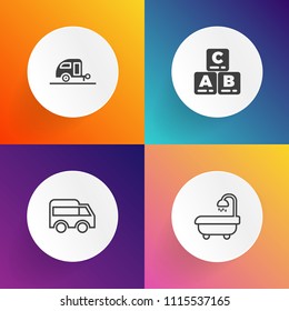 Modern, simple vector icon set on gradient backgrounds with traffic, style, city, sink, transportation, trailer, direction, bright, highway, summer, car, child, bus, toy, toilet, nature, mirror icons