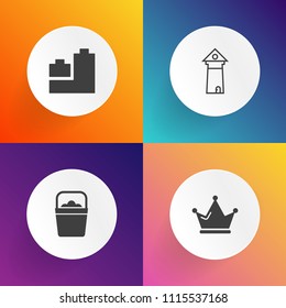 Modern, simple vector icon set on gradient backgrounds with tower, europe, sign, can, game, duck, france, city, metal, luxury, princess, bear, child, white, decoration, travel, object, horse icons