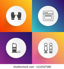 Modern, simple vector icon set on gradient backgrounds with female, hand, child, cooker, communication, sign, business, clothing, digital, telephone, girl, appliance, home, call, boy, glove, hot icons