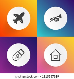 Modern, simple vector icon set on gradient backgrounds with housing, aircraft, building, aviation, property, construction, fly, transport, flight, storage, residence, window, media, cottage, sky icons
