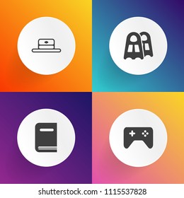 Modern, simple vector icon set on gradient backgrounds with text, button, console, game, object, water, white, fashion, uniform, controller, graphic, education, open, swim, bookstore, library icons