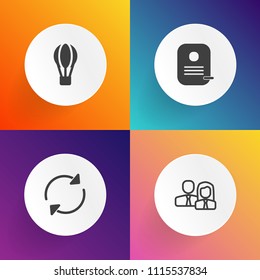 Modern, simple vector icon set on gradient backgrounds with refresh, security, identity, man, arrow, female, professional, travel, office, business, graphic, air, transportation, people, flight icons