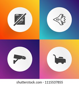 Modern, simple vector icon set on gradient backgrounds with camera, surveillance, aviation, lawnmower, jet, protection, dont, airplane, grass, jetliner, care, work, system, garden, water, sign icons