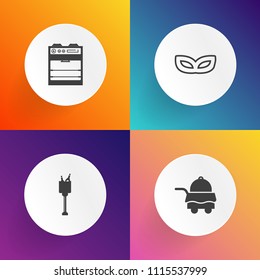 Modern, simple vector icon set on gradient backgrounds with orange, masquerade, beverage, celebration, drink, bottle, champagne, white, home, equipment, meal, mystery, carnival, luxury, hotel icons