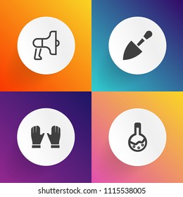 Modern, simple vector icon set on gradient backgrounds with laboratory, health, drill, dentistry, tool, saw, sign, shovel, work, lab, communication, implant, background, alert, announcement icons