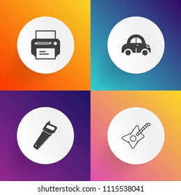 Modern, simple vector icon set on gradient backgrounds with print, concert, car, machine, jazz, speed, printer, transport, carpentry, computer, ink, music, blade, saw, digital, transportation icons