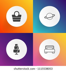 Modern, simple vector icon set on gradient backgrounds with leather, universe, style, cookie, pastry, muffin, chocolate, cake, astronomy, background, bag, orbit, furniture, double, pillow, hotel icons