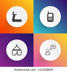 Modern, simple vector icon set on gradient backgrounds with travel, chat, communication, workout, message, fitness, person, white, equipment, healthy, hiking, holiday, business, training, cell icons