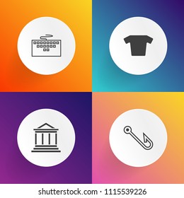 Modern, simple vector icon set on gradient backgrounds with finance, money, information, banking, sign, keyboard, t-shirt, white, fish, laptop, concept, savings, hook, object, shirt, textile, pc icons