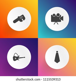 Modern, simple vector icon set on gradient backgrounds with sound, show, rock, video, formal, wrench, projection, musician, black, neck, white, light, film, conference, instrument, projector icons