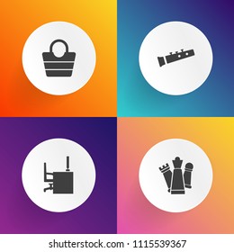 Modern, simple vector icon set on gradient backgrounds with sound, handbag, play, accessory, queen, work, pipe, harp, game, music, brown, handle, trumpet, luggage, space, castle, desk, workplace icons