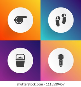 Modern, simple vector icon set on gradient backgrounds with referee, person, can, plastic, mic, water, karaoke, voice, clean, fashion, coach, handle, competition, studio, slipper, sound, whistle icons