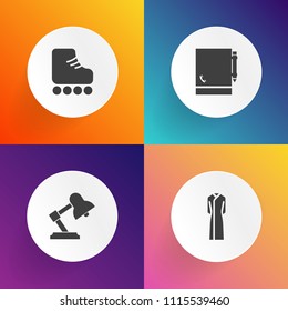 Modern, simple vector icon set on gradient backgrounds with skating, clothing, table, page, home, paper, activity, boot, sign, dress, clothes, interior, style, vintage, modern, beautiful, book icons