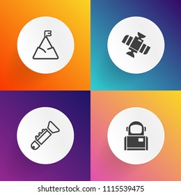 Modern, simple vector icon set on gradient backgrounds with hill, landscape, earth, musical, brass, snow, horn, cosmos, trumpet, sky, saxophone, travel, shuttle, classical, technology, panorama icons
