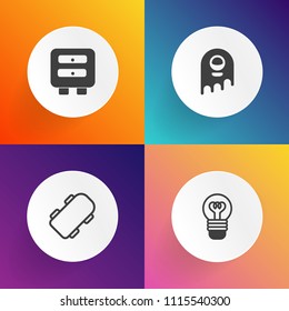 Modern, simple vector icon set on gradient backgrounds with humanoid, character, lifestyle, fun, bulb, fiction, urban, ufo, cabinet, active, storage, skateboarding, skate, skateboard, science icons