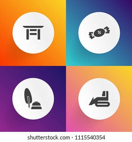 Modern, simple vector icon set on gradient backgrounds with shovel, heavy, sweet, nib, machinery, torii, excavator, japanese, yellow, mover, bulldozer, sign, lolly, dessert, travel, striped, ink icons