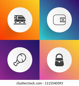 Modern, simple vector icon set on gradient backgrounds with fried, burger, purse, bus, wallet, transport, train, snack, fast, food, handbag, silhouette, pay, style, railway, bag, financial, van icons