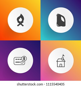 Modern, simple vector icon set on gradient backgrounds with window, container, modern, card, payment, new, pay, bonfire, warm, purchase, bank, can, garbage, evening, balance, smoke, estate, cash icons