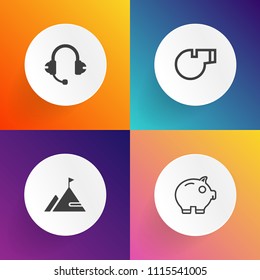 Modern, simple vector icon set on gradient backgrounds with element, pig, travel, account, investment, summer, coin, music, currency, graphic, competition, cash, money, trainer, headphones, game icons