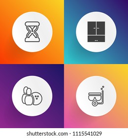 Modern, simple vector icon set on gradient backgrounds with time, closet, sign, measure, beach, watch, ocean, sea, leisure, pin, concept, snorkel, travel, bowling, sand, summer, competition, fun icons