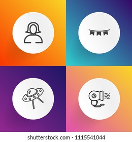 Modern, simple vector icon set on gradient backgrounds with fan, party, white, object, hot, face, decoration, science, saucer, air, beauty, spacecraft, holiday, ufo, ship, invasion, female, lady icons