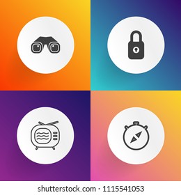 Modern, simple vector icon set on gradient backgrounds with lock, navigation, broadcasting, west, east, security, map, television, key, safe, antenna, watch, north, screen, video, optical, tv icons