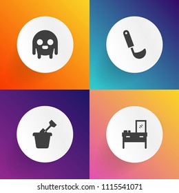 Modern, simple vector icon set on gradient backgrounds with kid, room, object, fantasy, character, toy, door, style, decoration, science, ufo, kitchenware, cabinet, cook, fiction, monster, alien icons