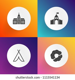 Modern, simple vector icon set on gradient backgrounds with hiking, doughnut, muffin, cross, summer, landscape, chapel, church, tent, old, chocolate, worship, travel, vacation, cafe, medieval icons