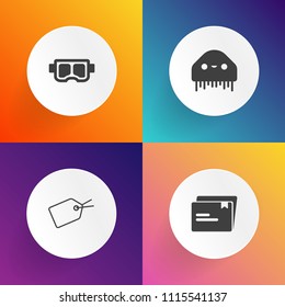 Modern, simple vector icon set on gradient backgrounds with extraterrestrial, space, tag, science, fiction, document, sale, label, office, mask, web, promotion, shop, diving, goggles, character icons
