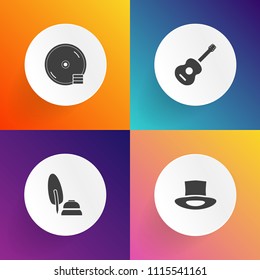 Modern, simple vector icon set on gradient backgrounds with safety, cd, digital, write, record, fountain, musician, sign, musical, office, black, worker, paper, technology, music, calligraphy icons
