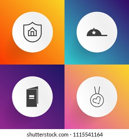 Modern, simple vector icon set on gradient backgrounds with object, hat, protect, headwear, protection, style, baseball, gold, brochure, blank, book, safety, care, web, love, concept, paper, cap icons