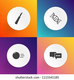Modern, simple vector icon set on gradient backgrounds with metal, dialog, bowling, dinner, equipment, competition, chef, lane, cooking, talk, dna, speech, element, strike, cook, sport, leisure icons