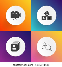 Modern, simple vector icon set on gradient backgrounds with online, identity, name, id, application, search, office, light, contact, laptop, web, equipment, projection, video, account, movie icons