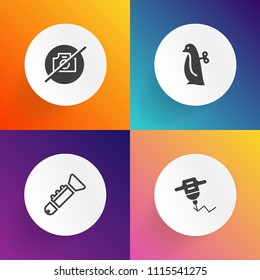 Modern, simple vector icon set on gradient backgrounds with power, industry, instrument, tool, work, horn, equipment, metal, orchestra, trumpet, photo, sound, child, hand, industrial, cute, fun icons