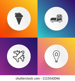 Modern, simple vector icon set on gradient backgrounds with fly, summer, pin, jet, airplane, vanilla, commercial, dessert, plane, travel, trailer, cargo, place, car, ice, sweet, tourism, flavor icons