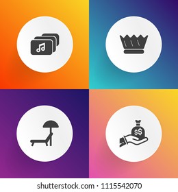Modern, simple vector icon set on gradient backgrounds with relax, resort, video, beach, sack, royal, music, investment, travel, holiday, money, internet, document, sunbed, outdoor, crown, hand icons
