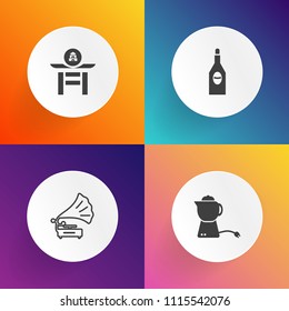 Modern, simple vector icon set on gradient backgrounds with disc, cup, song, japan, player, japanese, old, bottle, teapot, play, breakfast, antique, winery, gramophone, wine, traditional, vinyl icons