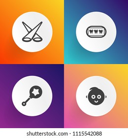 Modern, simple vector icon set on gradient backgrounds with dental, boy, young, childhood, object, toy, beautiful, dentistry, mouth, light, baby, backdrop, scene, cute, rattle, nursery, little icons