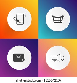 Modern, simple vector icon set on gradient backgrounds with loud, list, sign, object, container, store, commerce, empty, bullhorn, checklist, wicker, communication, sale, pad, business, basket icons