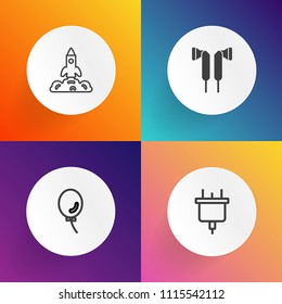 Modern, simple vector icon set on gradient backgrounds with exploration, technology, electrical, connection, stereo, rocket, science, orbit, equipment, music, celebration, balloon, celebrate icons