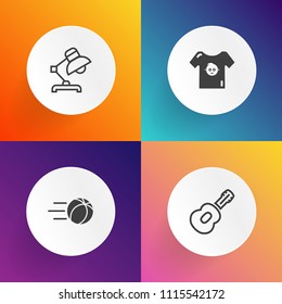 Modern, simple vector icon set on gradient backgrounds with table, decoration, desk, guitar, concert, football, black, musician, team, cute, fashion, music, newborn, champion, kid, competition icons