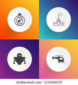 Modern, simple vector icon set on gradient backgrounds with cyborg, east, travel, futuristic, castle, tower, medieval, aircraft, science, south, helicopter, air, north, intelligence, fly, palace icons