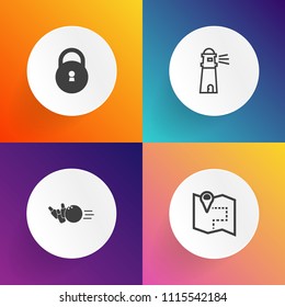 Modern, simple vector icon set on gradient backgrounds with coast, alley, landscape, place, sky, password, lighthouse, light, safe, protection, hobby, leisure, game, safety, lane, web, bowling icons