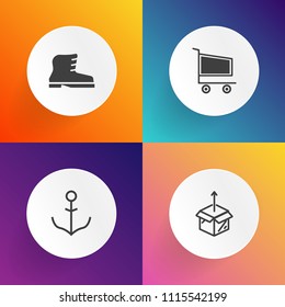 Modern, simple vector icon set on gradient backgrounds with wheel, vessel, sailboat, clothing, unpacking, nautical, retail, carton, packaging, marine, market, box, ship, people, boot, navigation icons
