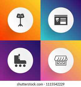 Modern, simple vector icon set on gradient backgrounds with skating, sport, web, shop, silhouette, storefront, orchestra, style, vintage, button, shoe, white, street, awning, roller, black, sign icons
