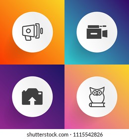 Modern, simple vector icon set on gradient backgrounds with white, communication, web, lens, picture, video, upload, microphone, fun, cloud, bird, art, internet, alert, camera, voice, audio, owl icons