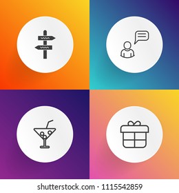 Modern, simple vector icon set on gradient backgrounds with way, sign, juice, person, cold, decoration, ice, people, chatting, ribbon, alcohol, bar, surprise, chat, choice, christmas, bow, white icons
