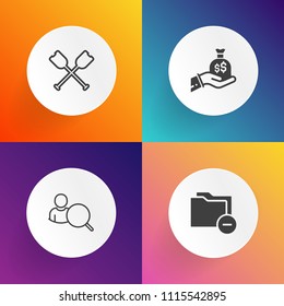Modern, simple vector icon set on gradient backgrounds with account, boat, oar, folder, finance, bag, storage, sack, kayak, network, marine, water, sport, application, search, business, document icons