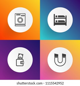 Modern, simple vector icon set on gradient backgrounds with magnetic, physics, finance, money, washer, household, appliance, housework, shopping, blue, attraction, wallet, south, wash, bed, bag icons