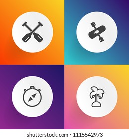 Modern, simple vector icon set on gradient backgrounds with tree, plant, natural, canoeing, south, exotic, adventure, east, travel, leaf, map, canoe, kayak, summer, rowing, leisure, sport, palm icons